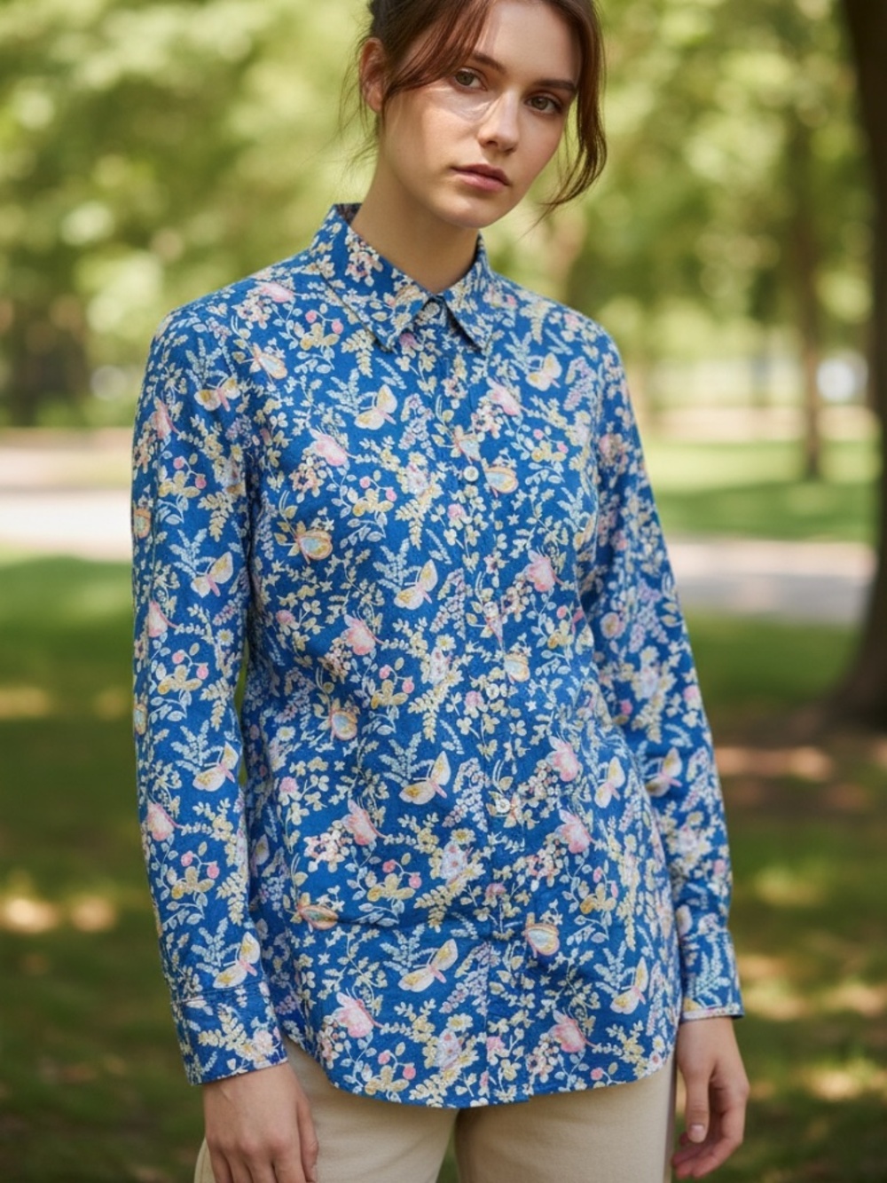 J.McLaughlin. blue floral and butterfly print button-down long-sleeve top size x